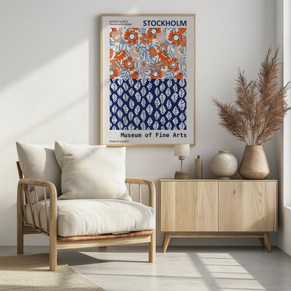 A framed exhibition poster titled 'Stockholm Museum of Fine Arts' featuring two distinct Scandinavian design patterns. The top half displays a vibrant floral pattern with orange, beige, and light blue flowers on a white background. The bottom half shows a repeating pattern of stylized white leaves on a dark blue background. Wall Art