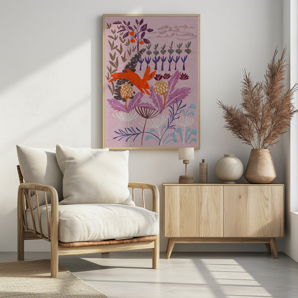 A stylized, folk-art illustration of a bright orange rabbit leaping through a whimsical garden. The scene features large purple and blue flowers in the foreground, with rows of root vegetables and a fruit tree in the background, all on a textured mauve canvas. Print