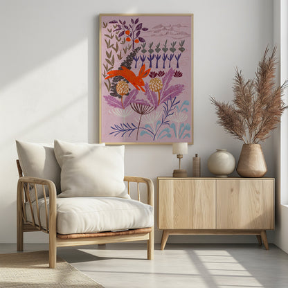 A stylized, folk-art illustration of a bright orange rabbit leaping through a whimsical garden. The scene features large purple and blue flowers in the foreground, with rows of root vegetables and a fruit tree in the background, all on a textured mauve canvas. Print