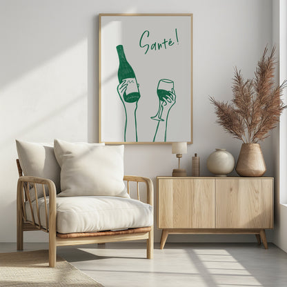 A minimalist green line drawing on a white background featuring two hands. One hand holds a bottle of wine, and the other holds a glass of wine, as if in a toast. The French word 'Santé!' is written in cursive above the hands. Decor