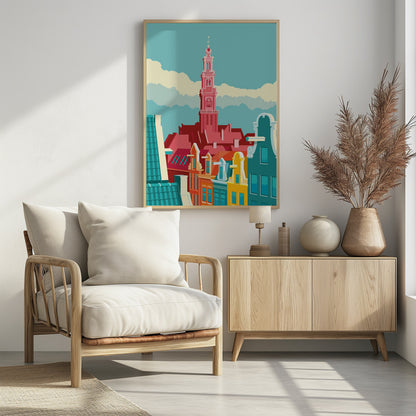 A graphic illustration of an Amsterdam city scene, featuring colorful canal houses in the foreground and the prominent pink tower of the Westerkerk church against a light blue sky with stylized clouds. Decor