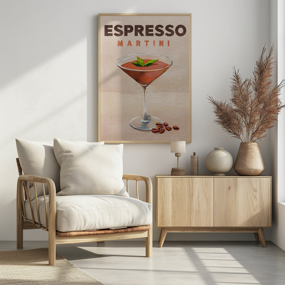 A vintage-style poster of an Espresso Martini. The illustration shows a reddish-brown cocktail in a martini glass, garnished with mint leaves, with coffee beans at the base. The text 'ESPRESSO MARTINI' is at the top against a tan background, all within a black frame. Wall Art