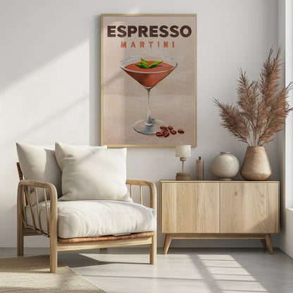 A vintage-style poster of an Espresso Martini. The illustration shows a reddish-brown cocktail in a martini glass, garnished with mint leaves, with coffee beans at the base. The text 'ESPRESSO MARTINI' is at the top against a tan background, all within a black frame. Wall Art
