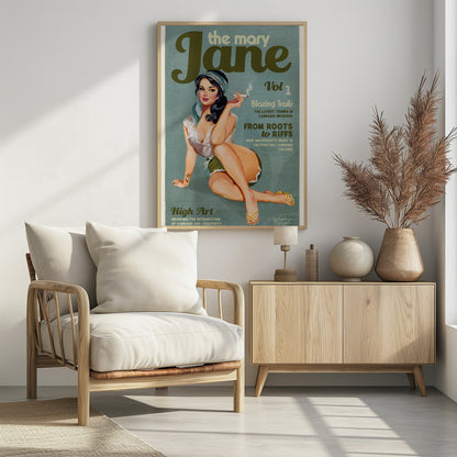A retro-style poster designed as a magazine cover for 'the mary Jane, Vol 1'. It features a pin-up illustration of a woman with dark hair and a blue headscarf, smiling as she holds a lit cigarette. The cover includes article titles related to cannabis culture. Decor