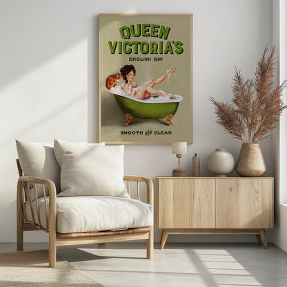 A vintage-style advertisement poster for 'Queen Victoria's English Gin'. The poster features a pin-up girl with dark hair relaxing in a green claw-foot tub filled with bubbles, holding a drink. A small brown dog sits on the edge of the tub. The tagline at the bottom reads 'Smooth and Clean'. Artwork