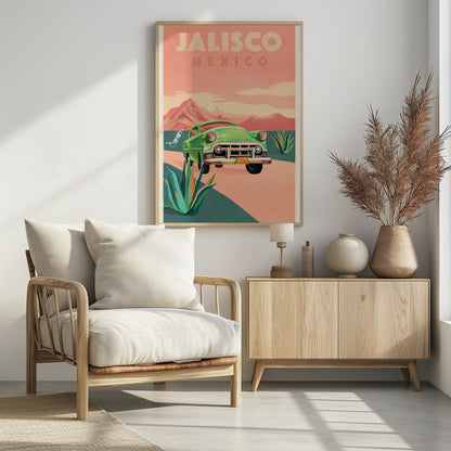 A vintage-style travel poster for Jalisco, Mexico. It features a classic green car driving on a winding road through a desert landscape with agave plants. In the background are pink mountains under a hazy pink sky. A hand waves a white bra out of the driver's side window, and the car's license plate reads 'TEQUILA'. Print