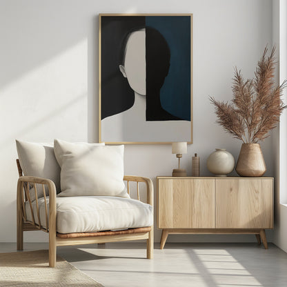 A modern art painting of a faceless person from the chest up, split vertically down the center. The left side features the figure in off-white against a solid black background, while the right side shows the figure as a black silhouette against a dark teal background, creating a strong contrast of light and shadow. Wall Art