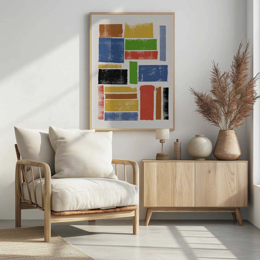 An abstract art piece featuring a collection of textured, rectangular blocks of various colors and sizes on an off-white background, all within a black frame. The colors include primary shades of blue, yellow, and red, along with green, black, and brown, arranged in a non-uniform grid. Wall Art