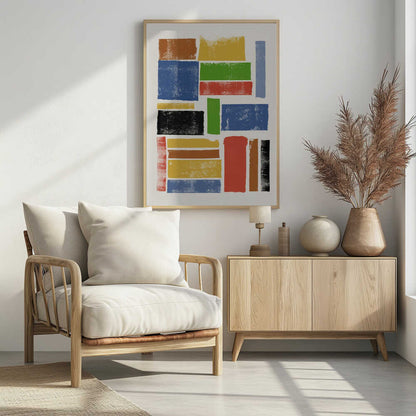 An abstract art piece featuring a collection of textured, rectangular blocks of various colors and sizes on an off-white background, all within a black frame. The colors include primary shades of blue, yellow, and red, along with green, black, and brown, arranged in a non-uniform grid. Wall Art