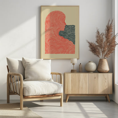 A framed abstract illustration in a woodblock print style. It depicts the silhouette of a person in profile, rendered in flowing red-orange lines, looking towards a rectangular block of dark blue wavy lines that suggest water. The background is a solid cream color. Poster