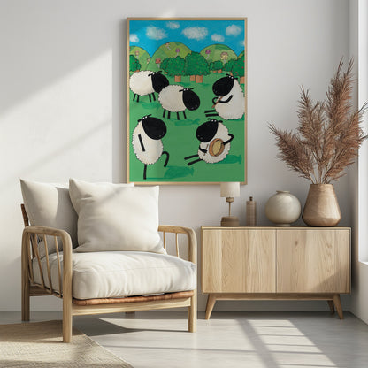A whimsical, cartoon-style painting of five black and white sheep in a lush green meadow. Two sheep are seated, one playing a flute and the other a drum, while another dances. In the background are rolling green hills dotted with small houses, trees, and a bright blue sky with white clouds. Poster