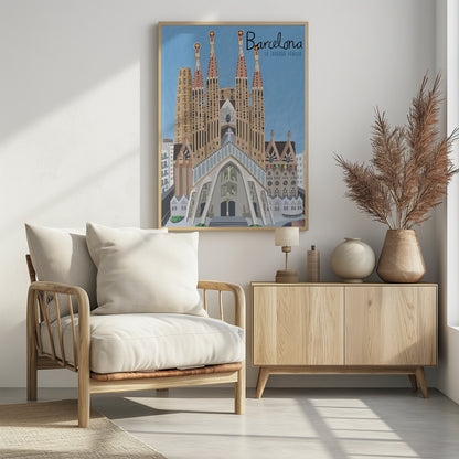 A stylized illustration of the Sagrada Familia in Barcelona, presented as a travel poster. The iconic church with its detailed spires stands against a solid blue sky, with the word 'Barcelona' written in a script font in the top right corner. Wall Art