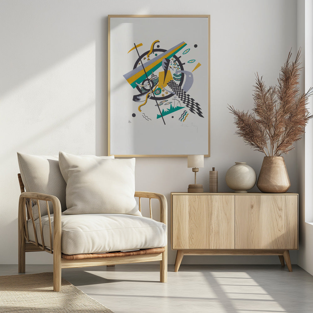 A framed abstract artwork by Wassily Kandinsky featuring a dynamic composition of geometric shapes. A central black circle is overlaid with diagonal stripes of yellow, green, and gray, surrounded by various elements like a checkerboard pattern, wavy lines, and small circles on a white background. Artwork