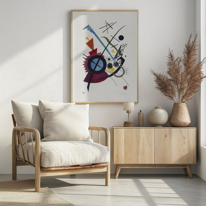 An abstract artwork by Wassily Kandinsky titled 'Small Worlds I', featuring a dynamic composition of colorful geometric shapes like circles, triangles, and lines in blue, red, yellow, and green against a white background, all framed in black. Wall Art