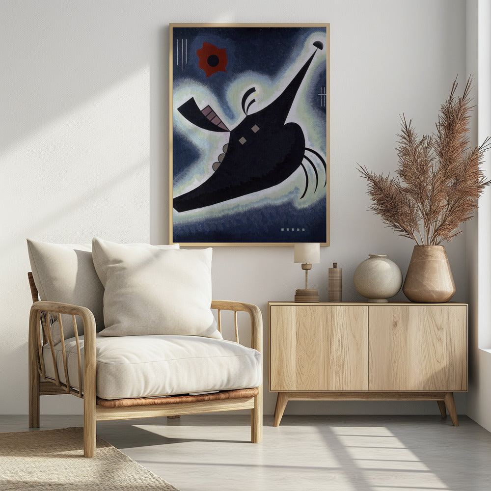 An abstract painting by Wassily Kandinsky featuring a large, black, creature-like shape floating against a deep blue background. The shape is outlined in a white and pale green glow and has a long, pointed proboscis. A vibrant red, flower-like form is visible in the upper left, along with various geometric lines and shapes, creating a dynamic and otherworldly composition. Artwork