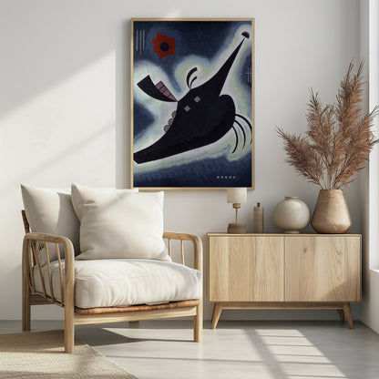 An abstract painting by Wassily Kandinsky featuring a large, black, creature-like shape floating against a deep blue background. The shape is outlined in a white and pale green glow and has a long, pointed proboscis. A vibrant red, flower-like form is visible in the upper left, along with various geometric lines and shapes, creating a dynamic and otherworldly composition. Artwork