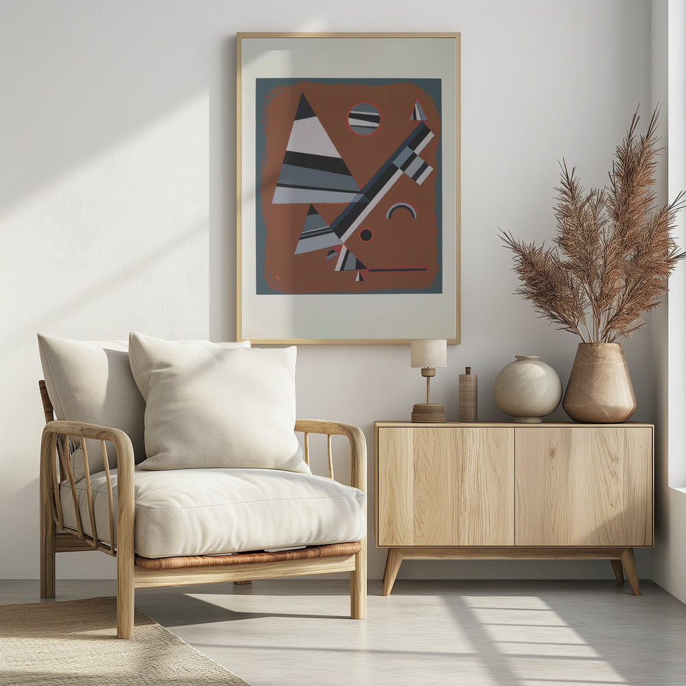 An abstract geometric artwork featuring a collection of triangles, circles, and lines in shades of grey, black, and white, set against a reddish-brown background. The piece is framed in black with a white mat. Wall Art