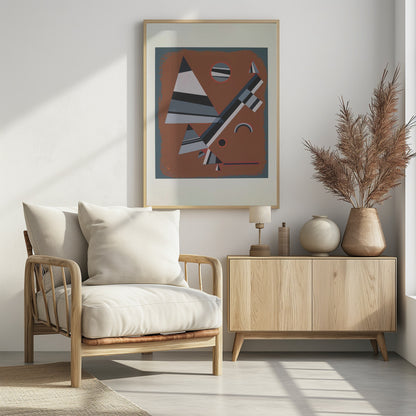 An abstract geometric artwork featuring a collection of triangles, circles, and lines in shades of grey, black, and white, set against a reddish-brown background. The piece is framed in black with a white mat. Wall Art
