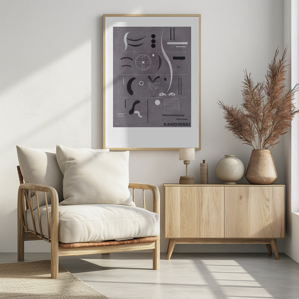 An abstract art print by Wassily Kandinsky, featuring a collection of geometric and organic shapes in black, white, and silver arranged in horizontal rows against a textured gray background, all within a black frame. Artwork