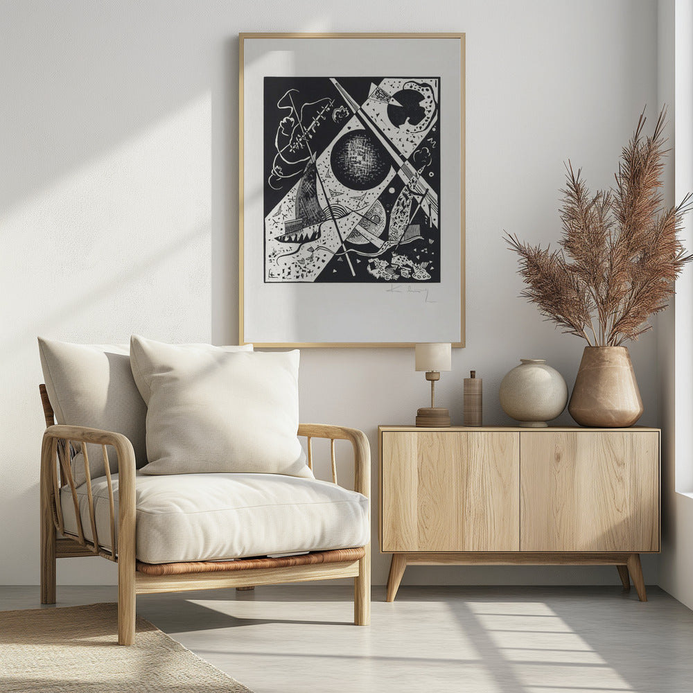 A framed black and white abstract woodcut print by Wassily Kandinsky. The dynamic composition features a mix of geometric shapes like circles and triangles, intersected by strong diagonal lines. Various textures and patterns fill the space, creating a sense of depth and movement. The artist's signature is visible in pencil on the white mat in the bottom right corner. Print