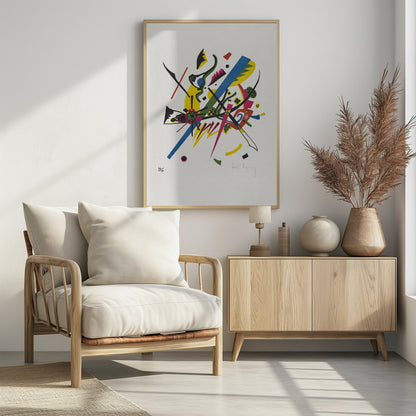 An abstract lithograph by Wassily Kandinsky featuring a dynamic composition of colorful geometric and biomorphic shapes on a white background. Bold lines in blue, magenta, and black intersect with areas of bright yellow, green, and red, creating a sense of vibrant energy. Poster