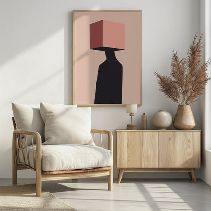 A minimalist abstract illustration of a figure with a pink cube for a head against a pale pink background. The figure is a solid black silhouette, and the cube has one side shaded in a darker, dusty rose, creating a sense of three-dimensionality. Poster