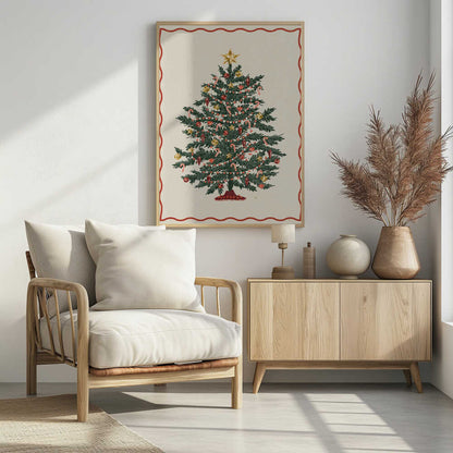 A vintage-style illustration of a decorated Christmas tree on a cream background, framed by a wavy red border and a black outer frame. The green tree is adorned with red and gold baubles, candy canes, small gold stars, and strings of lights, with a larger gold star at the very top. Poster