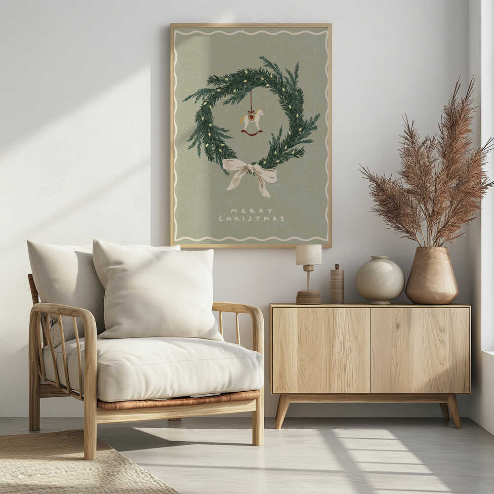 Vintage Christmas poster with an illustrated wreath, rocking horse ornament, and a cream bow on a sage green background.