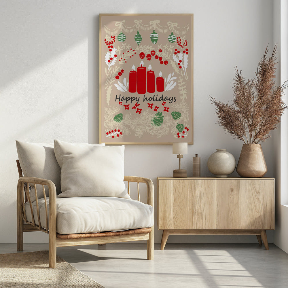 happy holidays - folk art illustration - Poster / Art Print