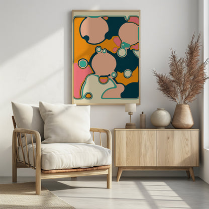 A retro-style abstract artwork featuring organic, rounded shapes in shades of pink, cream, orange, and teal. The shapes are outlined in contrasting colors and overlap against a textured orange background, creating a groovy, 70s-inspired psychedelic design framed in black. Decor