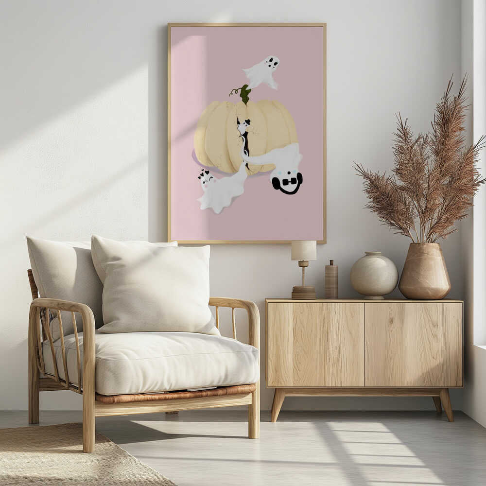 A whimsical Halloween illustration featuring a large, cracked, cream-colored pumpkin on a pale pink background, with four cute, cartoonish white ghosts playfully floating around it. One ghost wears a top hat, another a crown of hearts, a third wears headphones, and the last one has long eyelashes. Wall Art