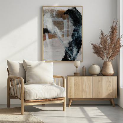 A vertical abstract painting in a black frame, featuring a bold, curved black brushstroke on the right against a layered background of white, grey, and warm brown tones. Expressive white and grey strokes cross the canvas, creating a sense of dynamic texture and depth. Print
