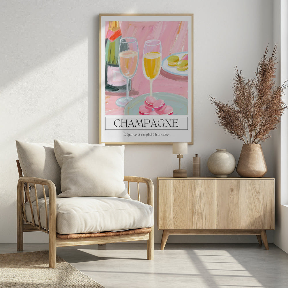 A painterly illustration of a champagne celebration with a pink background. The poster features a champagne bottle, two flutes of champagne, and plates of pink and green macarons. Below the image, the word 'CHAMPAGNE' is written in a classic font, with the French phrase 'Élégance et simplicité française' underneath. Decor