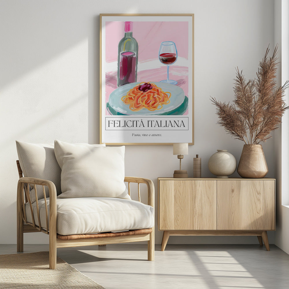 A modern, painterly illustration of an Italian meal. It features a plate of pasta, a glass of red wine, and a wine bottle against a soft pink background. Below the image, text reads 'FELICITÀ ITALIANA' and 'Pasta, vino e amore.' Wall Art