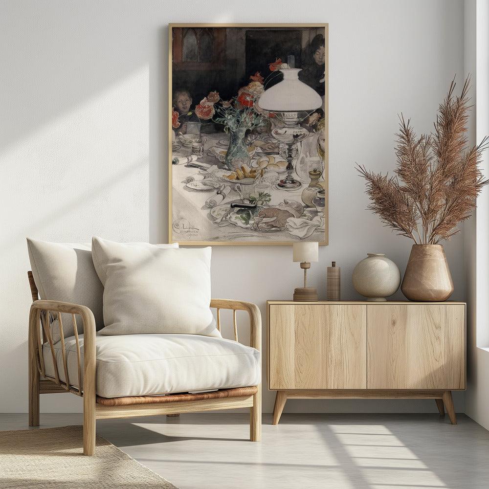 A vintage watercolor painting by C.L. Sundborn from 1900, depicting an intimate family dinner scene. A large, white oil lamp provides a warm glow over a cluttered dining table set with dishes, bread, and a vase of red poppies. Figures of children are partially visible around the table, their faces illuminated against a dark background. Print