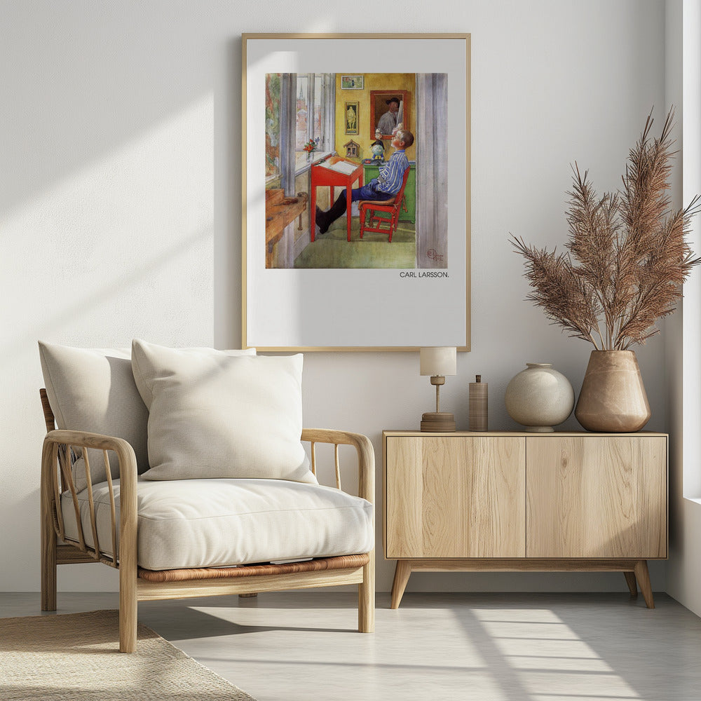 A framed art print of a Carl Larsson painting from 1912. It shows a young boy in a blue and white striped shirt sitting at a red desk in a sunlit, yellow-walled room. He is leaning back in his chair and looking up, as if daydreaming. Through the window, a cityscape with a church steeple is visible. The room is filled with charming details like framed pictures, a small globe, and a wooden workbench. Artwork