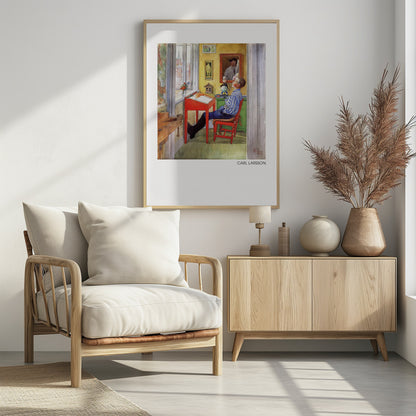A framed art print of a Carl Larsson painting from 1912. It shows a young boy in a blue and white striped shirt sitting at a red desk in a sunlit, yellow-walled room. He is leaning back in his chair and looking up, as if daydreaming. Through the window, a cityscape with a church steeple is visible. The room is filled with charming details like framed pictures, a small globe, and a wooden workbench. Artwork