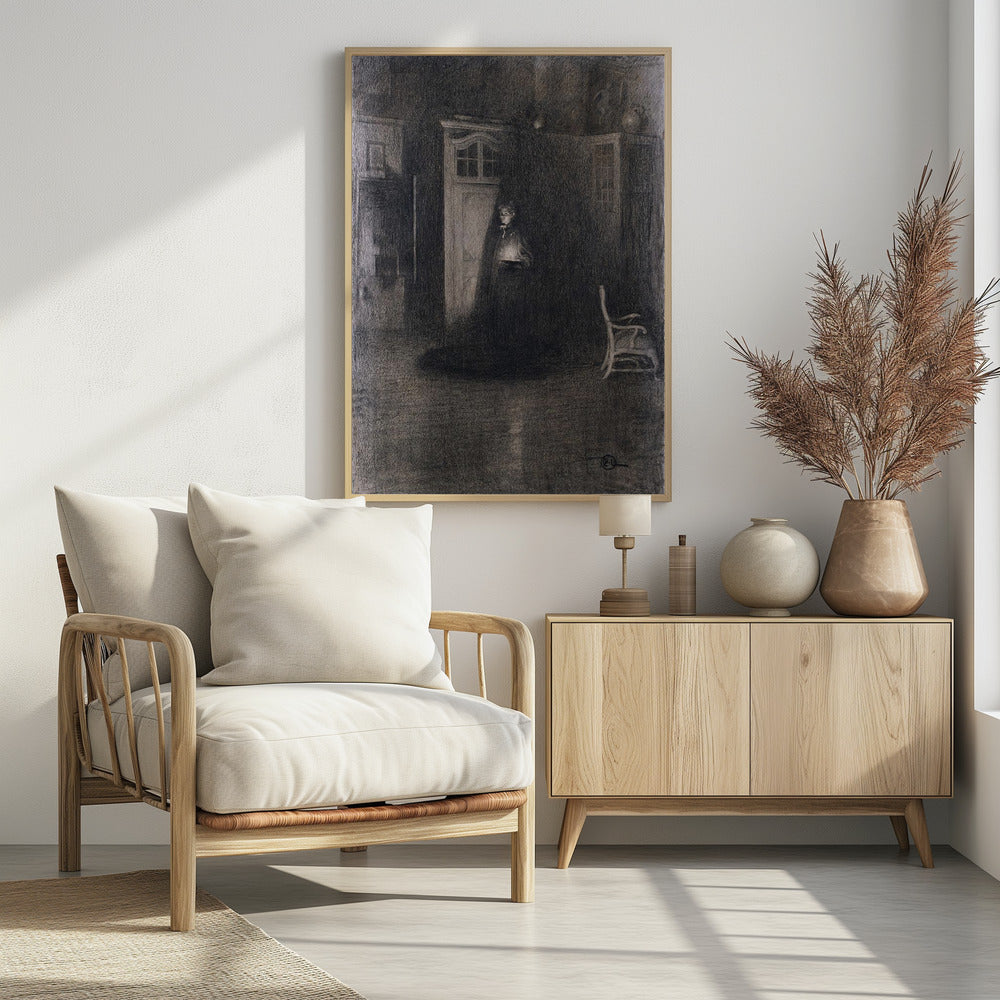 A dark, atmospheric charcoal drawing of a woman in a long, dark cloak standing in a dimly lit room. She holds a small, glowing light source that illuminates her face and the area around a white door behind her, creating deep shadows that fill the rest of the space. A lone white chair sits in the shadows to the right. Decor