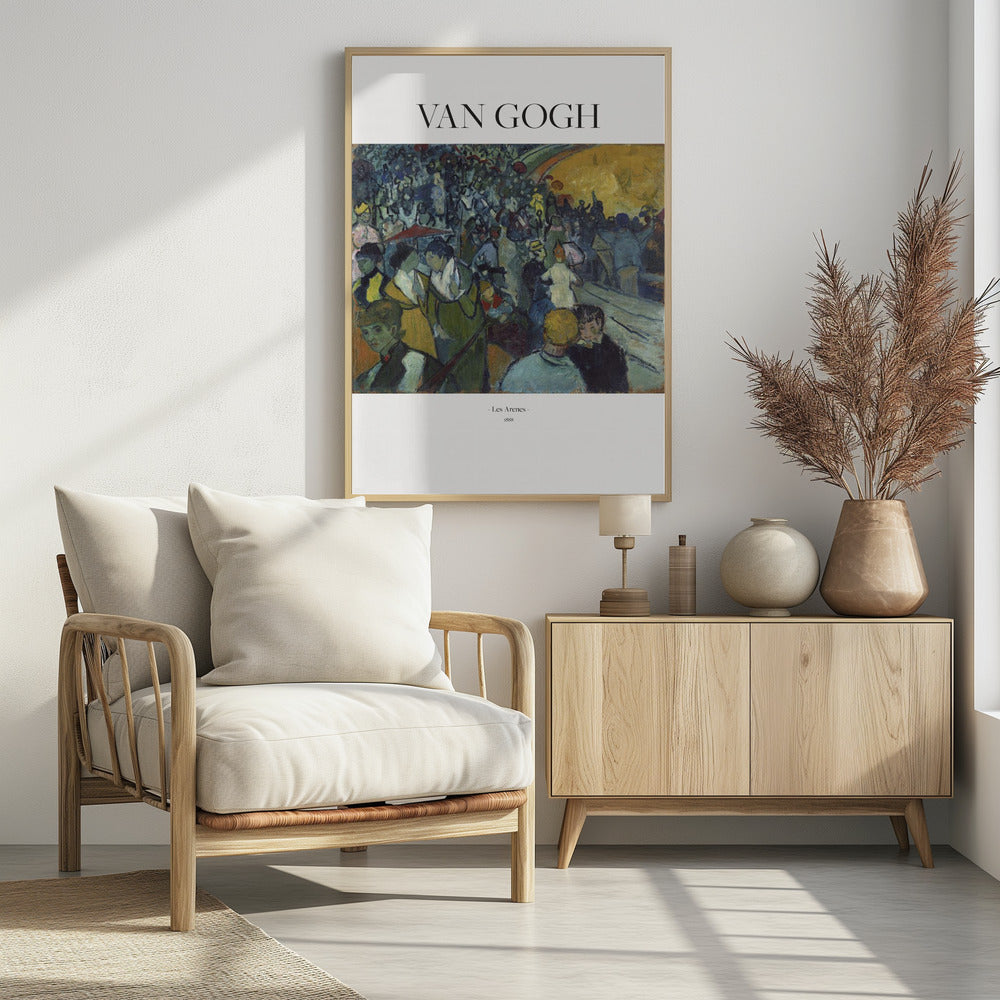 A poster of Vincent van Gogh's 1888 painting 'Les Arenes'. The post-impressionist artwork shows a large, bustling crowd in an arena, painted with expressive brushstrokes in shades of blue, green, and yellow. The poster has 'VAN GOGH' at the top and the title and year at the bottom, all set against a white border and within a black frame. Poster