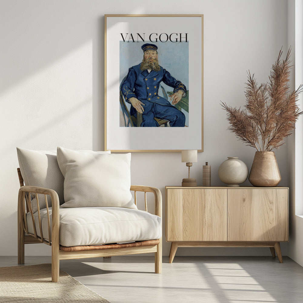 A framed art print of Vincent van Gogh's painting 'Portrait of the Postman Joseph Roulin'. The poster features the painting of a bearded man in a blue uniform, with the text 'VAN GOGH' in large black letters above it, all set against a white background and enclosed in a black frame. Print