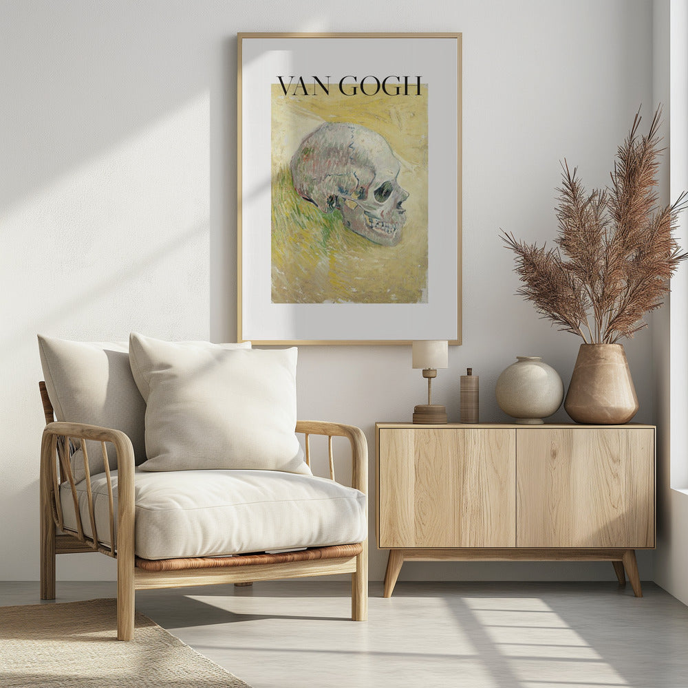 A framed poster featuring Vincent van Gogh's painting of a human skull. The skull is depicted in profile against a painterly yellow and green background. The artist's name 'VAN GOGH' is printed in large black letters above the artwork. Wall Art