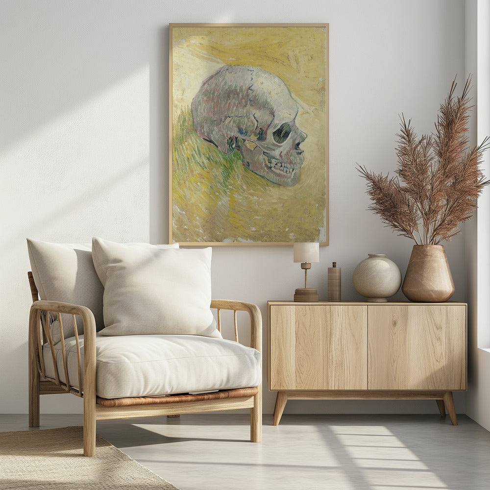 A post-impressionist painting by Vincent van Gogh, 'Skull,' featuring a human skull in profile against a textured, impasto background of swirling yellow and ochre hues. The skull is rendered with shades of white, grey, and hints of green. Print
