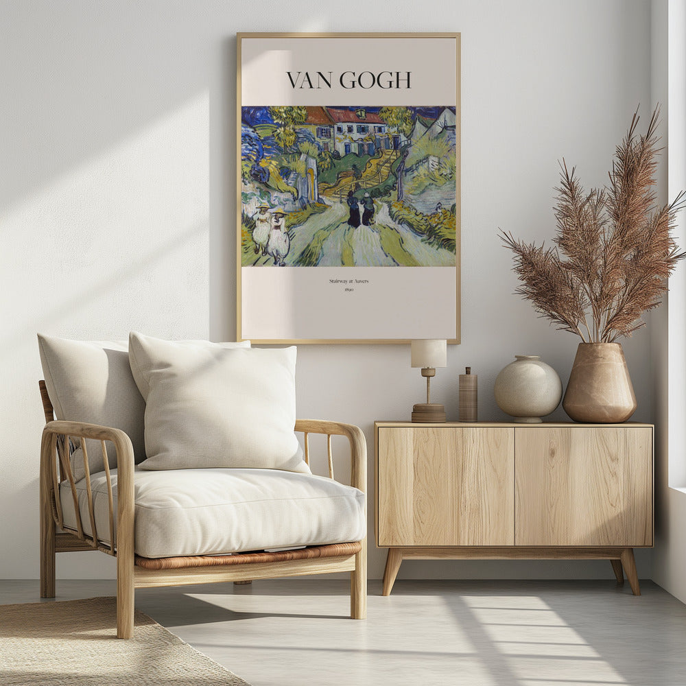 A framed art print of Vincent van Gogh's painting 'Stairway at Auvers', 1890. The post-impressionist artwork shows a vibrant landscape with figures walking on a path toward houses on a hill, rendered in expressive green, yellow, and blue brushstrokes. Decor