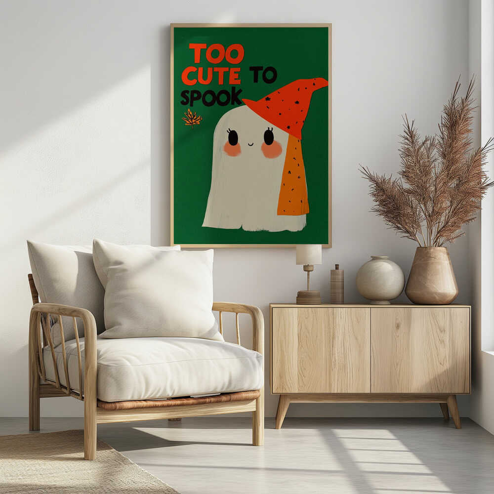 A whimsical illustration of a friendly white ghost with rosy cheeks and a smiling face, wearing a pointy orange hat with black flecks. The background is a solid dark green, and above the ghost, the text 'TOO CUTE TO SPOOK' is written in orange and black block letters, next to a small autumn leaf. Artwork