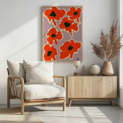 A framed art print depicting a pattern of large, stylized red-orange poppies with dark green centers against a pale lavender background. Each flower is outlined in a thick, cream-colored border, giving the piece a bold, modern, and graphic quality. Wall Art
