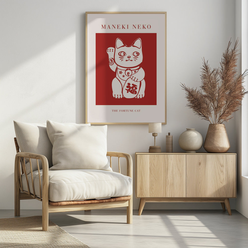 A minimalist graphic poster featuring a Japanese Maneki Neko, or fortune cat. The cat is cream-colored with red outlines, set inside a bold red square. The poster has a cream border with the text 'MANEKI NEKO' at the top and 'THE FORTUNE CAT' at the bottom, all enclosed in a thin black frame. Wall Art