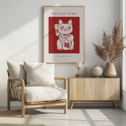 A minimalist graphic poster featuring a Japanese Maneki Neko, or fortune cat. The cat is cream-colored with red outlines, set inside a bold red square. The poster has a cream border with the text 'MANEKI NEKO' at the top and 'THE FORTUNE CAT' at the bottom, all enclosed in a thin black frame. Wall Art