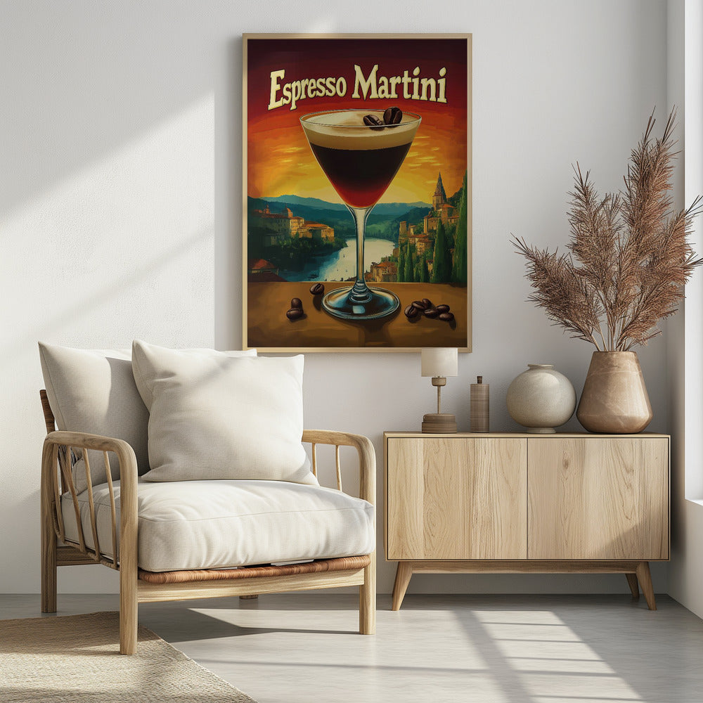 A vintage-style poster advertising an 'Espresso Martini'. In the foreground, a martini glass filled with the dark cocktail is garnished with coffee beans. The background features a scenic European landscape with a river and village against a vibrant orange and red sunset sky. Poster