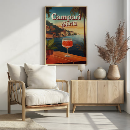 A vintage-style travel poster advertising a Campari Spritz. In the foreground, a wine glass filled with the bright red cocktail sits on a wooden table overlooking a scenic Italian coastal town at sunset. The words 'Campari Spritz' are written in large, stylized font at the top. Poster