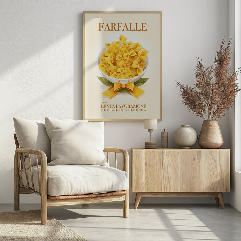 A vintage-style Italian food poster for farfalle pasta. The artwork features a full white bowl of yellow bow-tie pasta on a cream background, with green leaves and a yellow ribbon tied in a bow at its base. The word 'FARFALLE' is printed at the top in orange. Wall Art